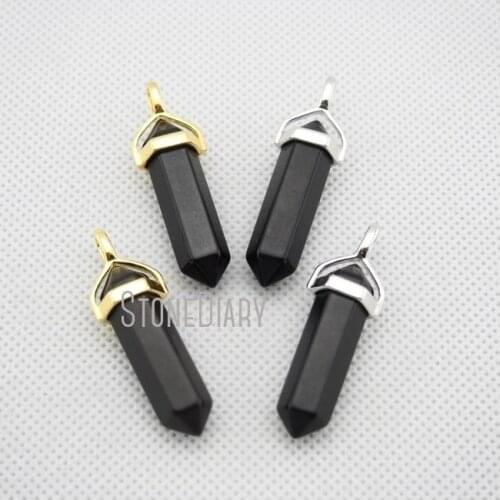 H-PP09 Black Obsidian Crystal Pillar Pendant Healing Stone Point Pendant with Silver Bail or Gold Bail