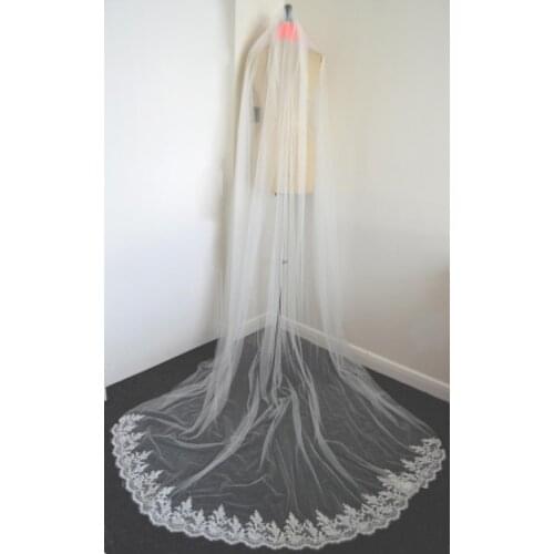 Cathedral Length Wide Wedding Veil 'Paisley' - Ivory Long Lace Trimmed Train Edge Bridal Veil
