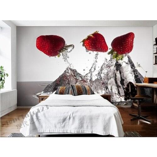 The latest 3D murals, the water jump strawberry restaurant food wallpaper, living room TV sofa bedroom bar kitchen wall paper