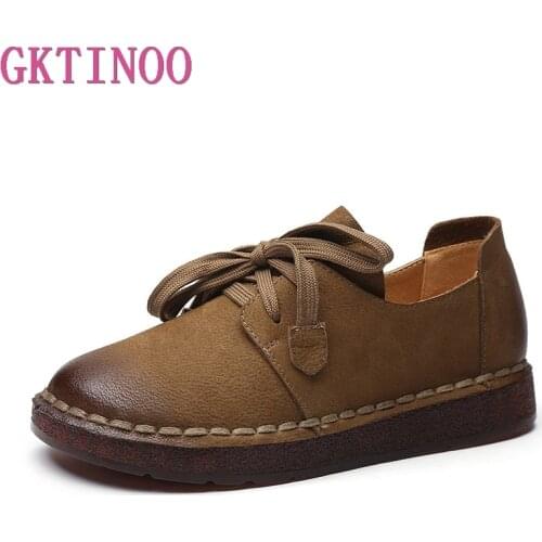 GKTINOO 2021 Lace-up Loafers Casual Flat Shoe Pregnant Women Shoe Mother Driving Shoe Female Women Flats Hand-Sewing Shoes