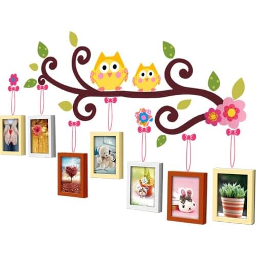 [HHT]Home Decor Solid Wood Wall Hanging Photo Frame Childrens Room Photo Wall Decoration Tree Branch Owl Stickers Free Punching