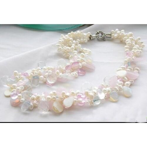 Classic Baroque Pearl Necklace 3rows 18'' White Freshwater Pearl Pink Rose Quartz Opal Drip Necklace Handmade Fine Jewelry New
