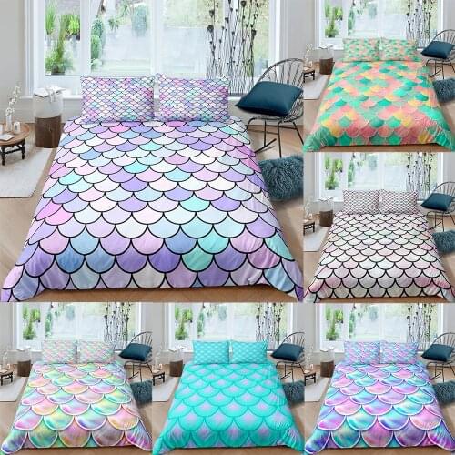 Mermaid Fish Duvet Cover Set 3D Print Purple Pink Bedding Set Colorful Princess Style Quilt Cover Queen Bed Set King Queen Size