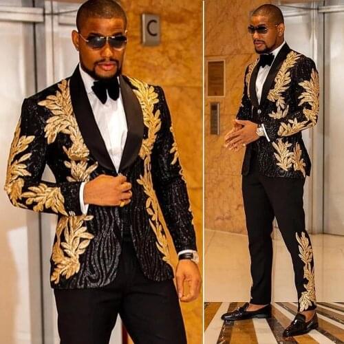 2 Pieces Slim Fit Mens Shiny Sequins Gold Applique Suits Prom Tuxedos Grooms Jacket For Wedding Party Suits Set Blazer+Pants