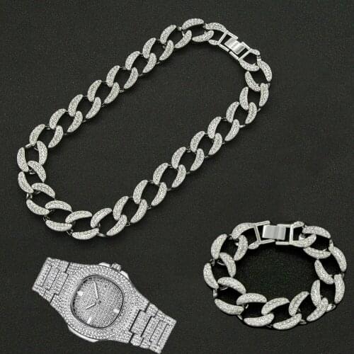 Hip Hop 19MM 3pcs Kit Full Iced Out Paved Rhinestone Choker Cuban Rapper Necklace+Watch+Bracelet For Men Women Charm Jewelry