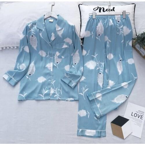 Autumn New 2 Pieces Pajama Sets Women Faux Silk Sleepwear Oversize Leisure Long Sleeve Spring Homewear Female Nightwear