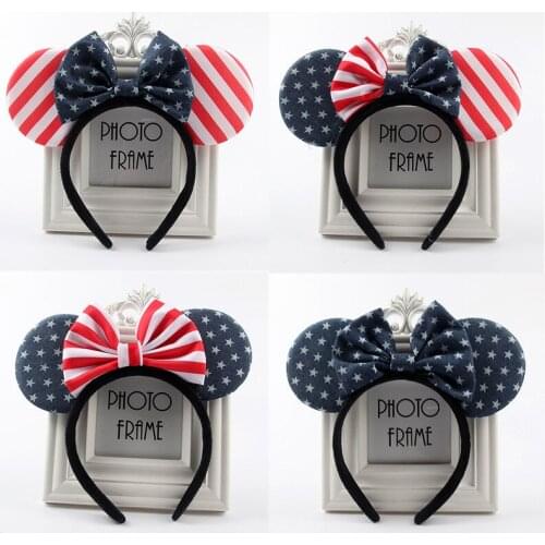Disney Mickey Minnie American National Day Headband Bowknot Ears Headband Female Ears DIY Childrens Hair Accessories Headband