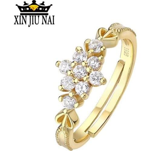 Adjustable Dainty Gold Snowflake Ring With White Cubic Zirconia Crystal Romantic Snow Flower Finger Ring Open