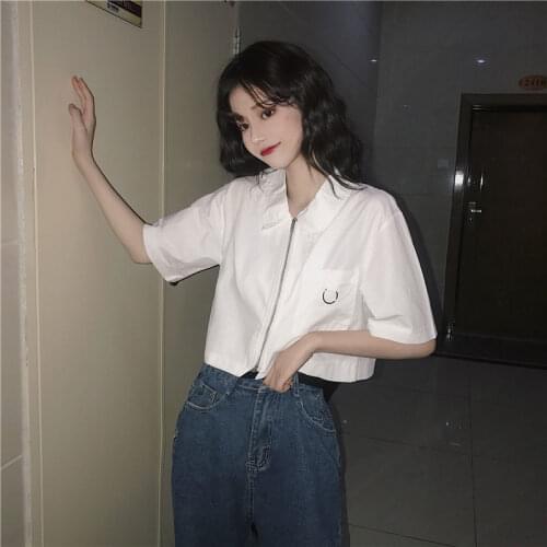 Shirts Women Casual Aesthetic Pocket Design Short Sleeve Simple Pure Cropped Zipper Lady College Trendy All-match Popular Summer