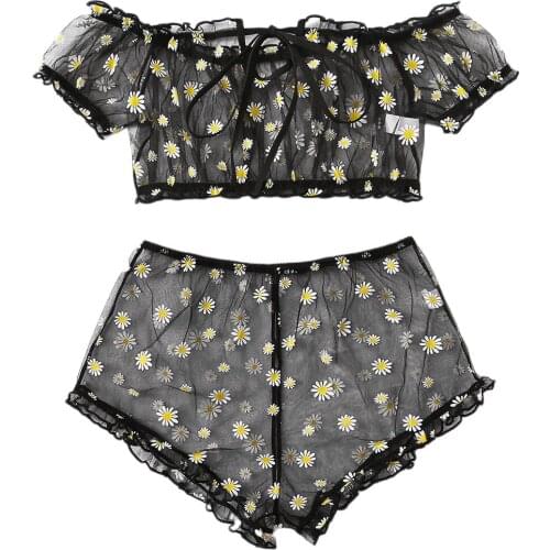 Sexy Fashion Female Mesh Lingerie Clothes Set 2 Piece Lace Floral Underwear for Women, Purple/ Green/ Black