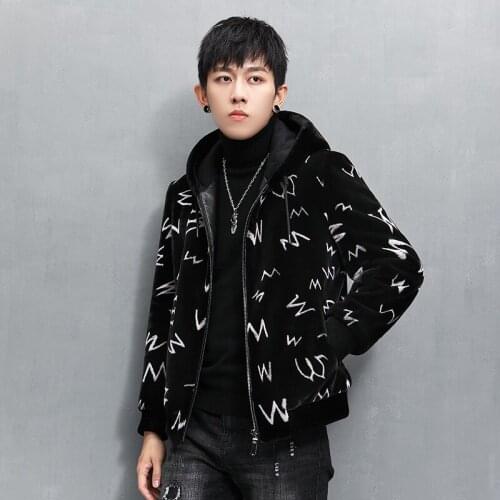 Winter New Mens Cashmere Lamb Fur Coat Printed Hooded Jacket Sheepskin Sherling Jacket Men Clothing 5XL