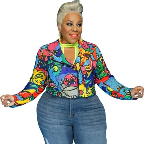 Streetwear Women Colorful Printing Biker Jacket 2020 Autumn Lady Plus Size Turn-Down Collar Full Sleeve Zipper Cool Short Coats