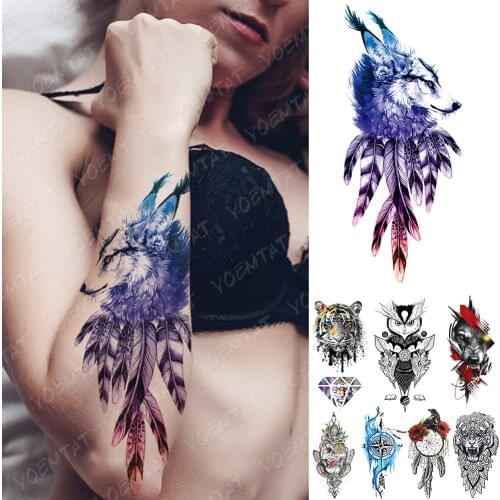 Waterproof Temporary Tattoo Sticker Gradient Fox Feather Flash Tattoos Owl Tiger Body Art Arm Fake Sleeve Tatoo Women Men