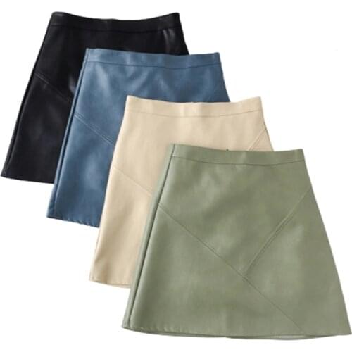 Mini Pu Leather Skirt Women High Waist Short A Line Skirt Female Elegant Spring Summer Casual Black Green Festival Punk Chain