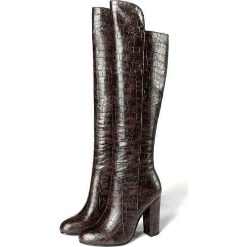 Women Stone Pattern Knee High Boots Round Toe High Heel Long Boots Autumn Winter Ladies Shoes Side Zipper Velvet Inner Dropship