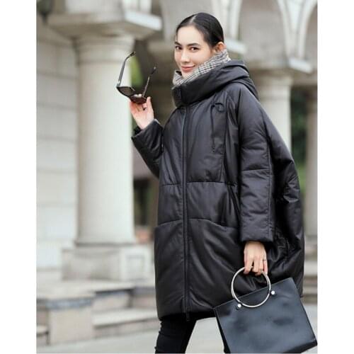 Sheepskin Down Leather Jacket Coats Winter Womens Middle Length Hooded Outerwear Brand Tops Plus Size Loose Thickened Jacket