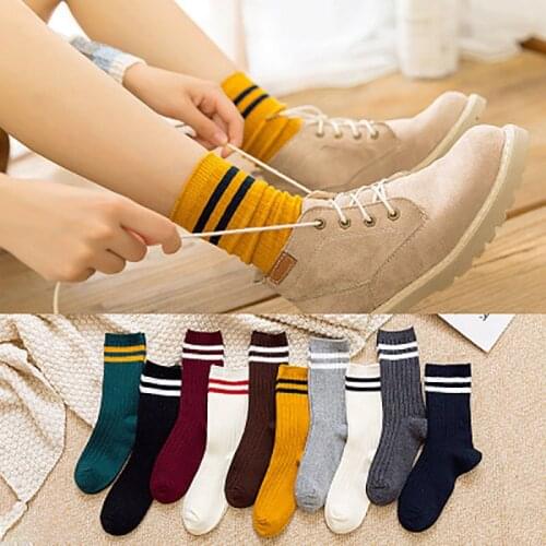 Mid Tube Socks Cotton Japanese Style Pile Socks 1Pair Breathable Nice Gift Two Bars Striped for Women