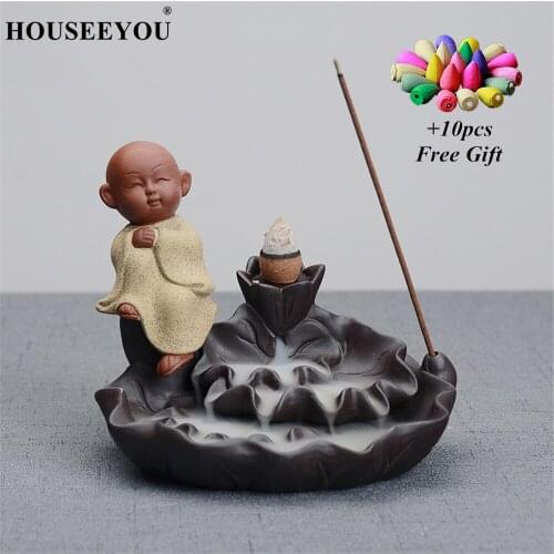 10Pcs Waterfall Cones + The Little Monk Incense Burner Lotus Base Aroma Censer Home Decor Small Buddha Incense Holder Backflow