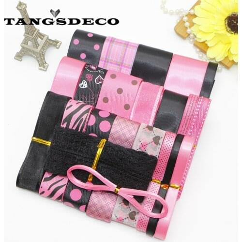 26 Yards/Set----High Quality DIY Hair Bow Material Rose And Black Color Mix Ribbon Set
