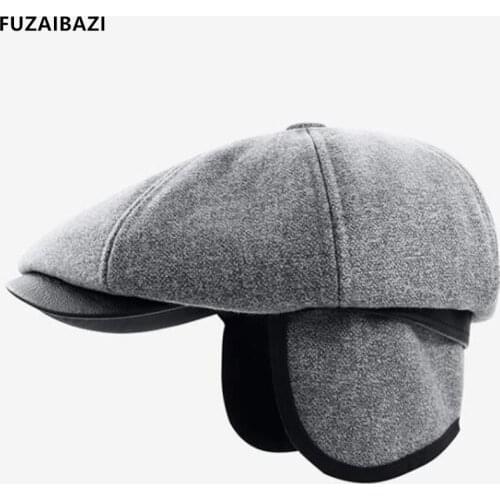 FUZAIBAZI Fashion New Mens Keep Warm Autumn Winter Velvet Thicken Ear Protection Beret Middle Old Aged Leisure Motion Cap