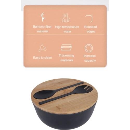 New Creative Bamboo Fiber Salad Bowl with Lid Spoon Fork Servers Set Large Deep Soup Food Mixing Container Fruits Vegetables