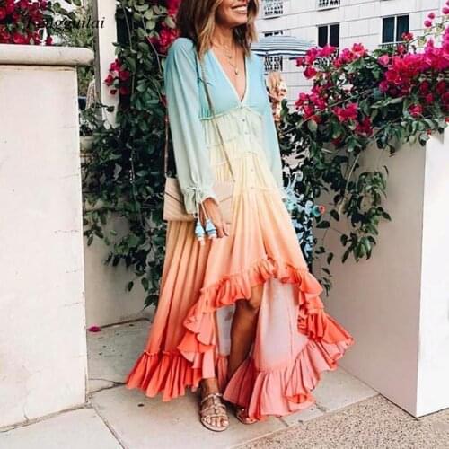 Summer Womens Long Skirts Boho Style Long Skirt Rainbow Gradient Long-Sleeved Fashion Beach Skirt Button Loose Casual Dress