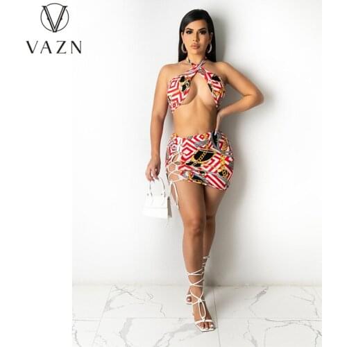 VAZN 2021 Summer Sleeveless Swimming Bikini Beach Bar Skinny Bandage Bodycon Suits 2 Piece Set Sport Women Top And Pant