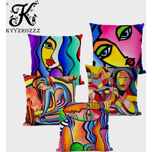 Art Abstract Oil Painting Cushion Set European Retro Style Printing Home Decor Linen Pillowcase Cojines Decorativos Para Sof