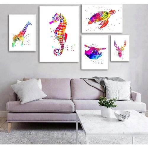 Deer Giraffe Sea Horse Turtle Animal Wall Art Canvas Painting Scandinavian Posters and Prints Living Room Home Decor Pictures