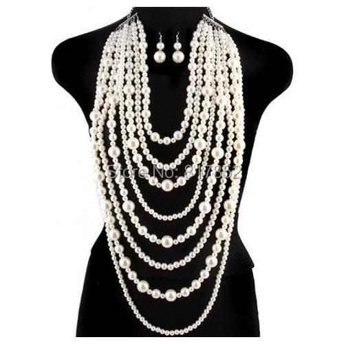 New Style P08 Women Fashion White Imitation Pearls Body Jewelry Layers Pearls Beads Necklace Earrings Body Jewelry