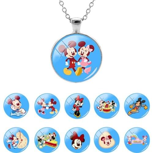 Disney Mickey Mouse Blue Background Animation Pattern Glass Dome Pendant Necklace Gifts for Girls Cabochon Jewelry MIK698-25