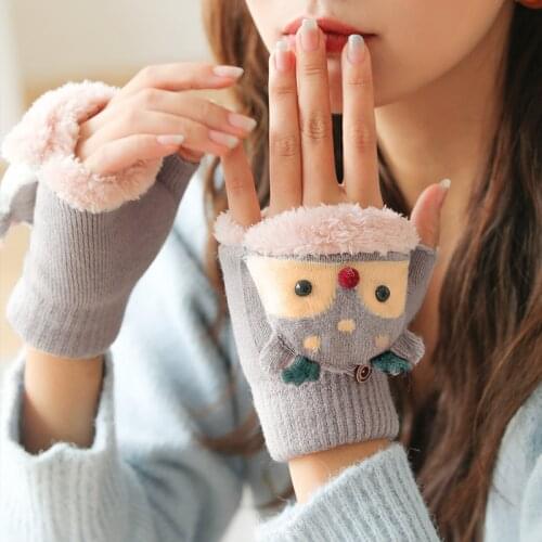 Gloves Winter Plush Knitting and Velvet Thickening Warmth Ladies Cute Cartoon Rabbit Clamshell Half-finger Mittens