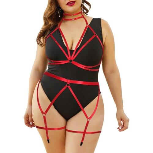 Sexy Hanging Neck Body Harness Elastic Plus Size Underwear Set Women Gothic Chest Bondage Straps Bra Cage Garter Belts Stockings