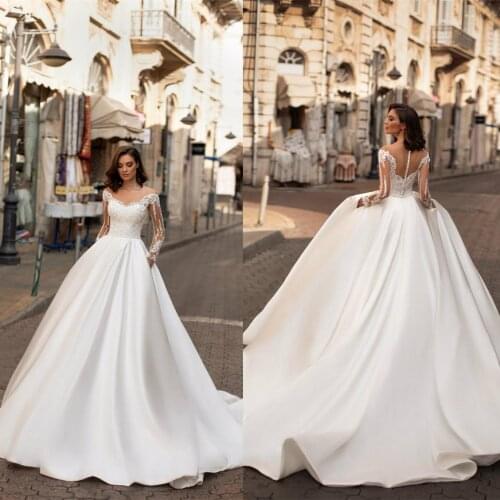 New Fashion A-Line Wedding Dresses V Neck Long Sleeve Boat Neck Lace Appliques Beach Bridal Gowns Sweep Train Wedding Dress