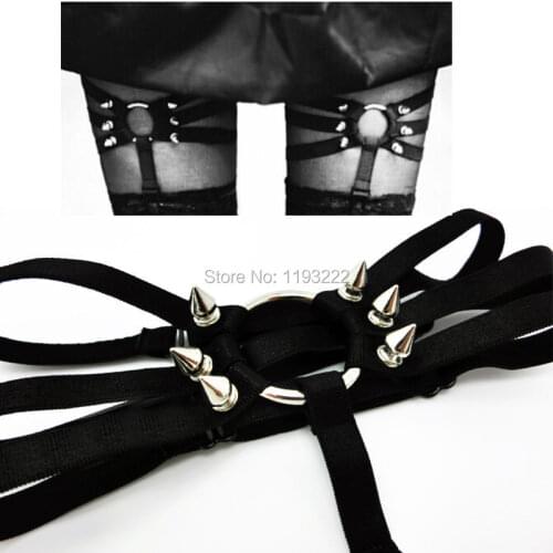 Sexy Punk Rock Studded Rivet Nylon Elastic Harajuku Handmade Leg Garter Belt Thigh Garter Leg Loop