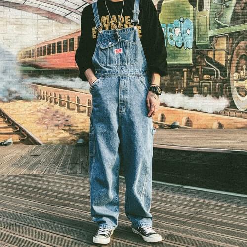 Privathinker 2021 New Men Denim Suspender Trousers Washed Loose Straight Male Overalls Korean Style Women Jeans Vintage Pants