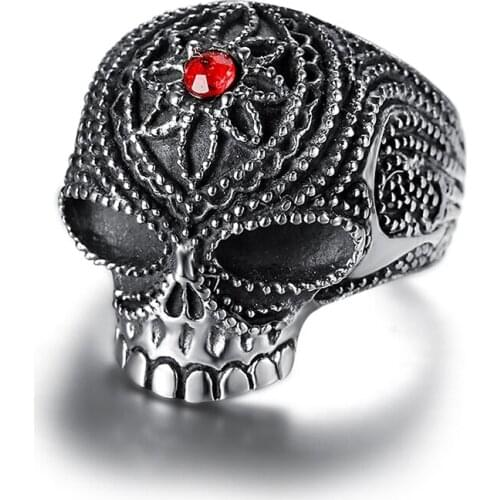 Size 8 -13 Cool Man rock roll totem flower biker skull rings 316L stainless steel red gem womens sugar skull ring