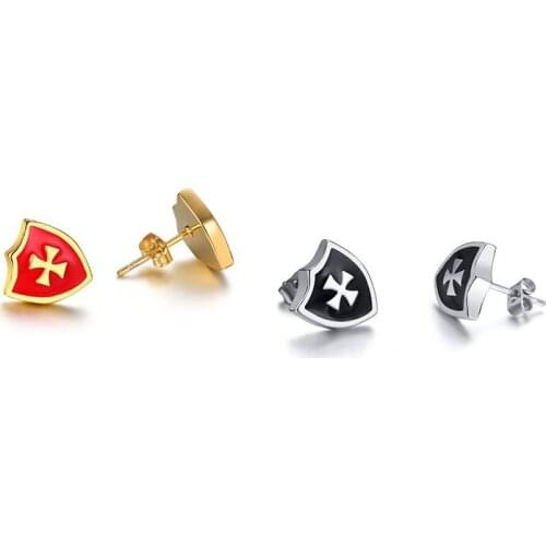 Hot Selling Ear Studs For Men Women Shield Shaped Earrings Cross Design Elements Solid Stainless Steel Gift Jewelry Accessory