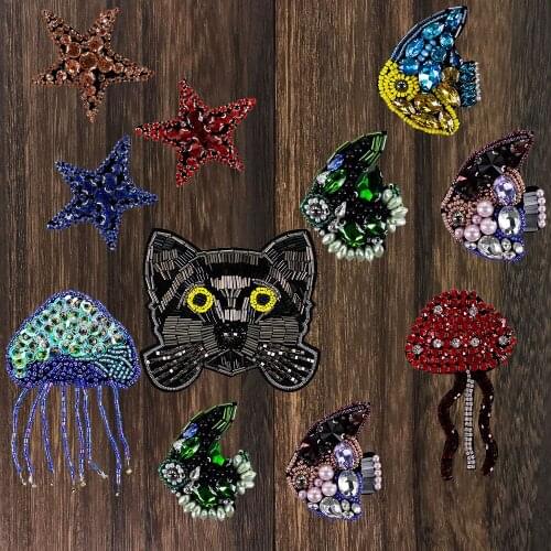 Bead Rhinestones Star Fish Cat Jellyfish Patches DIY for Jeans Jackets Bag Clothes Apparel Sewing Decoration Applique TH1318