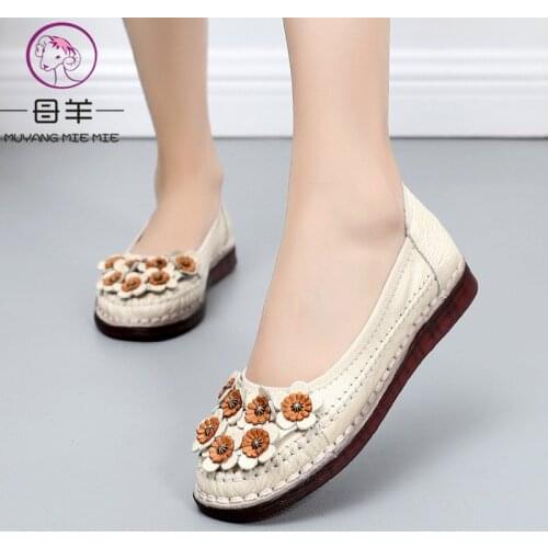 MUYANG Women Flats Shoes Genuine Leather Handmade Comfortable Flat Shoes Women Loafers Soft Pregnant ladies shoes