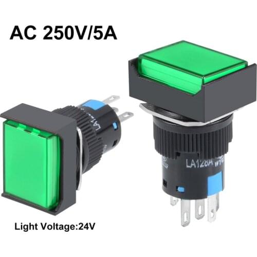 Uxcell 16mm 1 PCS Switch Momentary Push Button Switch Green LED Light Square Button Light Switch Accessories 24V 1 NO 1 NC