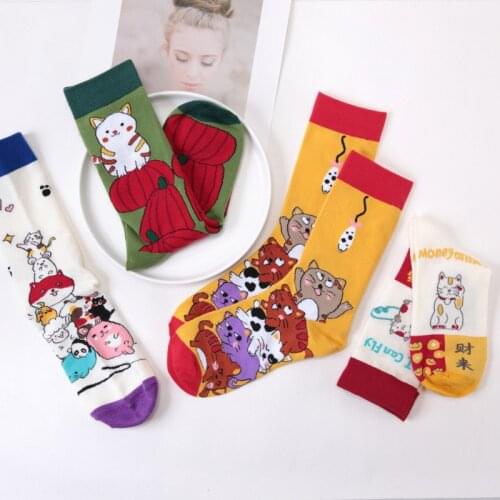 Women Socks Streetwear Fashion Jacquard Funny Cartoon Cat Cute Socks Korean Harajuku Cotton Couples Kawaii Animal Hip Hop Socks