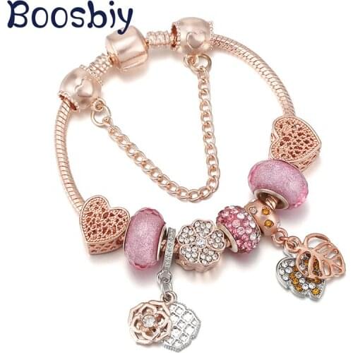 European Style Snake Chain Charm Bracelet With Rose Flower Pendant For Women Fashion Pulseras Jewelry Gift New Arrival
