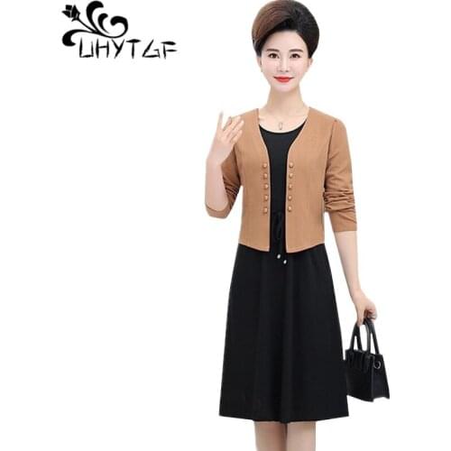 UHYTGF Spring autumn 2 piece set women Elegant female sleeveless dress+Outside long sleeve shawl top two piece sets plus size 84