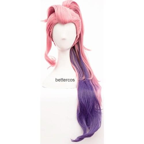 LoL KDA Seraphine Cosplay Wig Women Loose Wave Straight Pink Mixed Purple Wigs Heat Resistant Synthetic Hair + Free Wig Cap