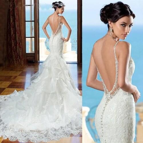 Sexy Mermaid Wedding Dresses Sweetheart Lace Long Bridal Gowns Spaghetti Straps Ruffles Organza Custom Made Wedding Gowns