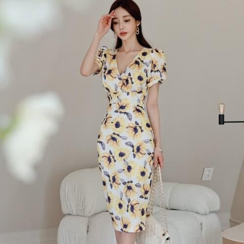 New Korean Style Print Sheath Casual Dress for Women Fashion Temperament Summer Elegant Ladies Short Sleeve Bodycon Party Dress