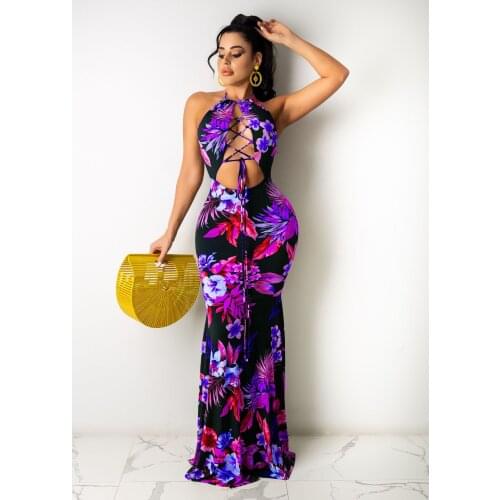 2021 Best Quality Famous Brand Dress Print Bandage Halter Sleeveless Summer Beach Maxi Dress Vestidos