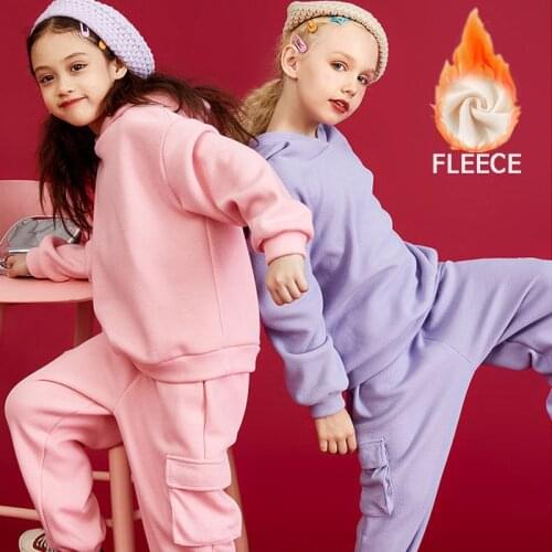 Sportswear Suit Girls Hoodie Overalls for Children Winter Fleece Kids Clothes Solid Pullover Two Pieces Tracksuit Teens Costume