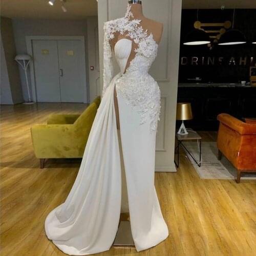 Arabic Dubai Lace White Prom Dresses High Neck One Shoulder Long Sleeve Formal Evening Gowns Side Split Party Dress